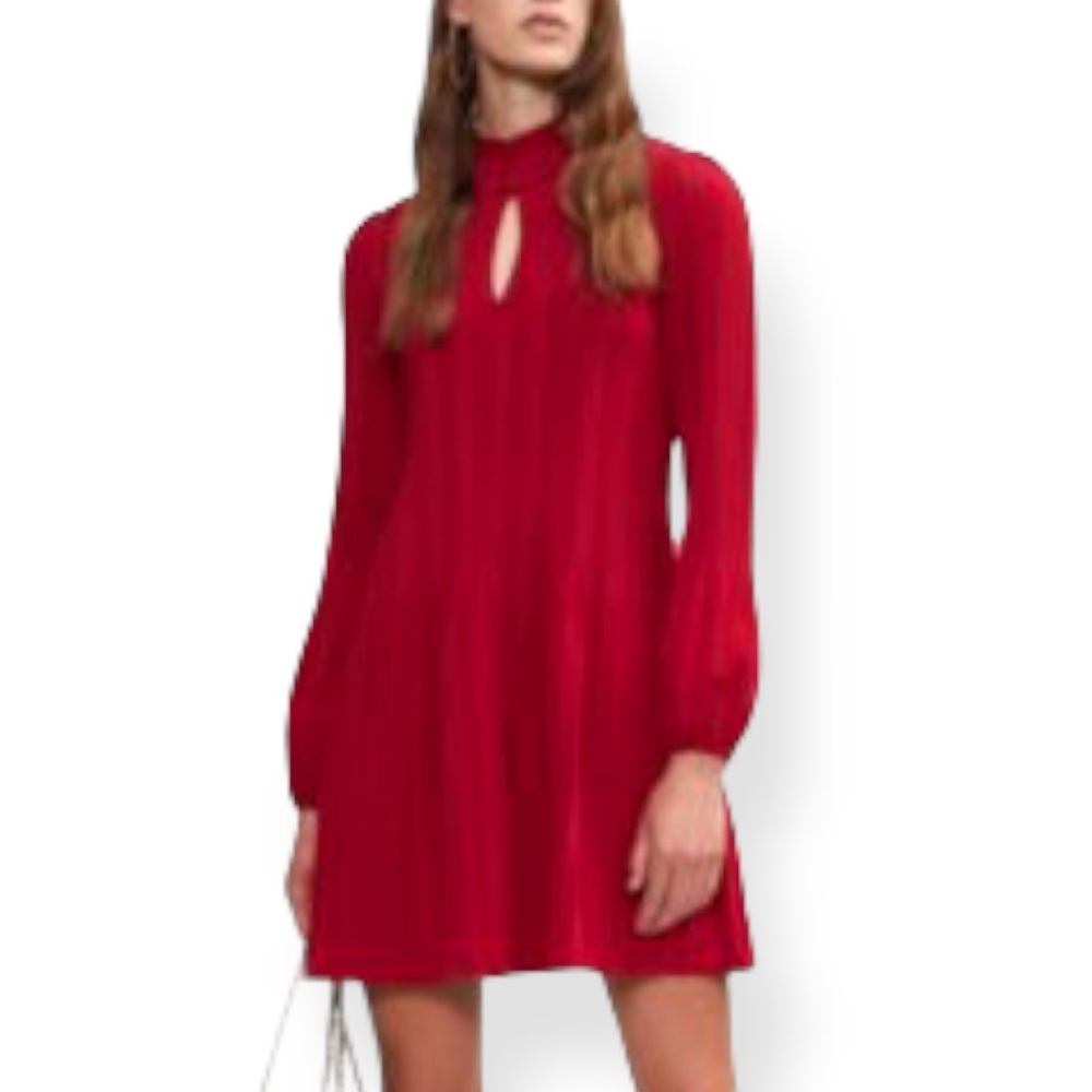 MAJE  Rockally Pleated High Neck Dress with Long Sleeves in Red